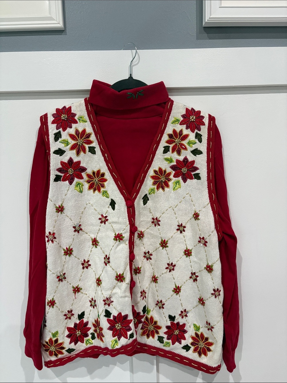 Karen Scott Red and White Embroidered Poinsettia Vest with Red Turtleneck